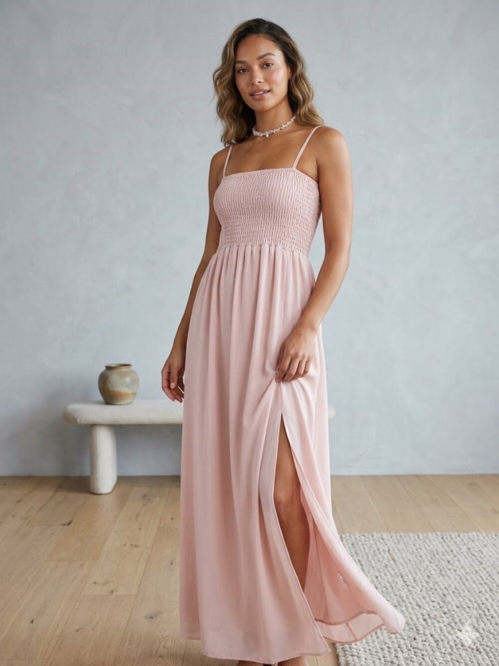 2 Pcs Set - Pink Midi Dress S/M + Faux Rose Quartz Choker